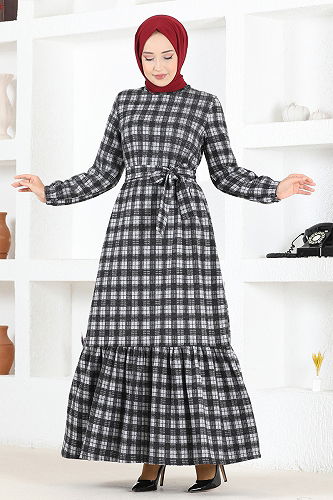 moda selvim Belted Plaid Dress MSL1133-M Gray - Thumbnail
