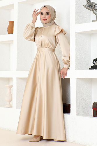moda selvim Belted Satin Evening Dress END5578-M Beige - Thumbnail
