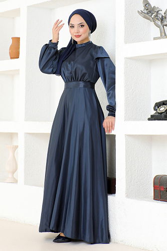 moda selvim Belted Satin Evening Dress END5578-M Laci - Thumbnail