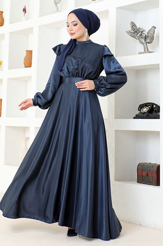 moda selvim Belted Satin Evening Dress END5578-M Laci - Thumbnail