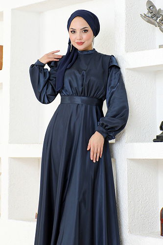 moda selvim Belted Satin Evening Dress END5578-M Laci - Thumbnail