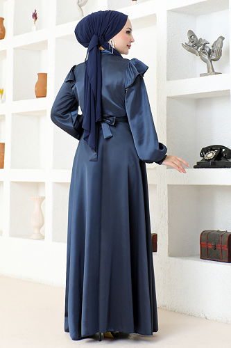 moda selvim Belted Satin Evening Dress END5578-M Laci - Thumbnail