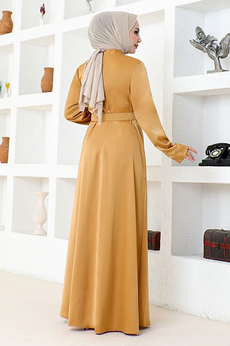 moda selvim Belted Satin Evening Dress SHD5376-M Mustard - Thumbnail