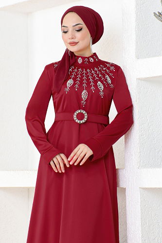 moda selvim Belted Satin Evening Dresses SHD5376-M Red - Thumbnail