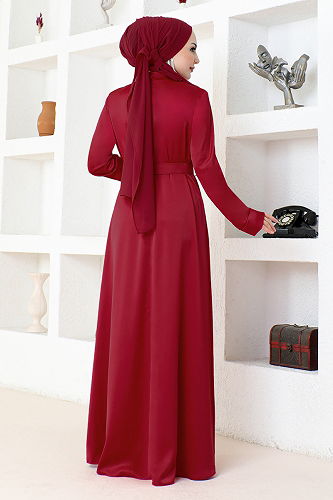 moda selvim Belted Satin Evening Dresses SHD5376-M Red - Thumbnail