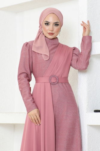 moda selvim Belted Silvery Dress ASM2538-1 Rose Dried - Thumbnail