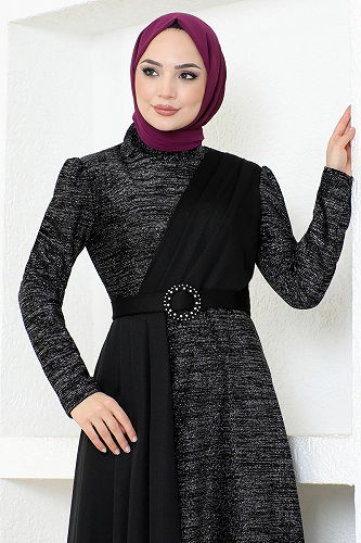 moda selvim Belted Silvery Evening Dress ASM2538-M Black - Thumbnail