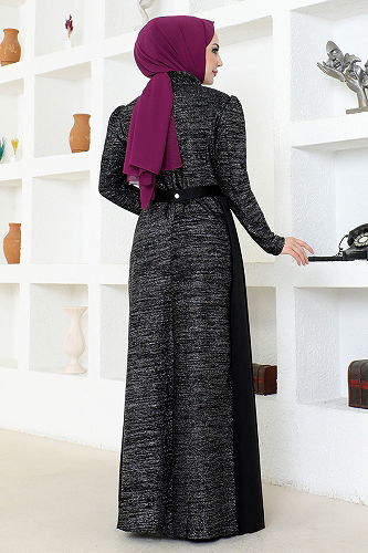 moda selvim Belted Silvery Evening Dress ASM2538-M Black - Thumbnail