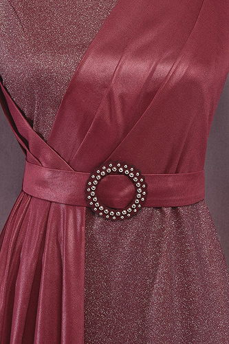 moda selvim Belted Silvery Evening Dress ASM2538-M Burgundy - Thumbnail