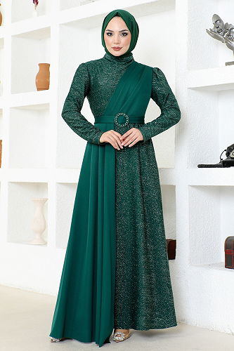 moda selvim Belted Silvery Evening Dress ASM2538-M Emerald - Thumbnail