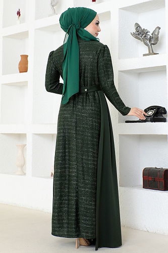 moda selvim Belted Silvery Evening Dress ASM2538-M Khaki - Thumbnail