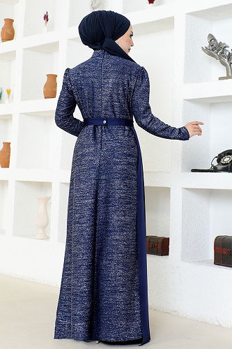 moda selvim Belted Silvery Evening Dress ASM2538-M Laci - Thumbnail