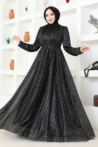 moda selvim Belted Silvery Evening Dress ASM2689-M Black - Thumbnail