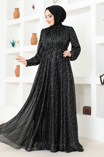 moda selvim Belted Silvery Evening Dress ASM2689-M Black - Thumbnail