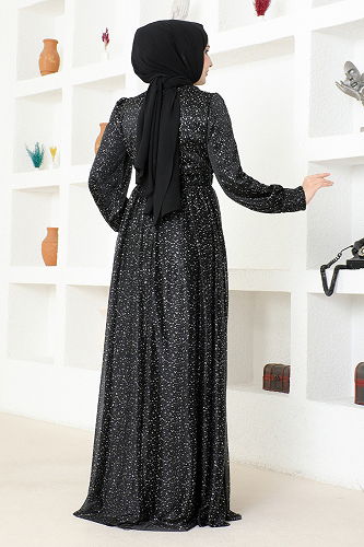 moda selvim Belted Silvery Evening Dress ASM2689-M Black - Thumbnail