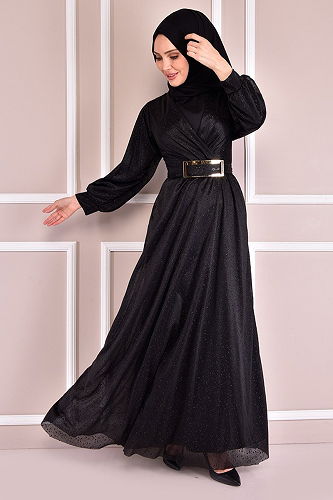moda selvim Belted Silvery Evening Dress EFF8769-M Black - Thumbnail