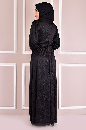 moda selvim Belted Silvery Evening Dress EFF8769-M Black - Thumbnail