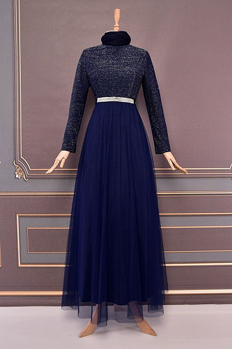 moda selvim Belted Silvery Evening Dress EFY20040-M Laci - Thumbnail