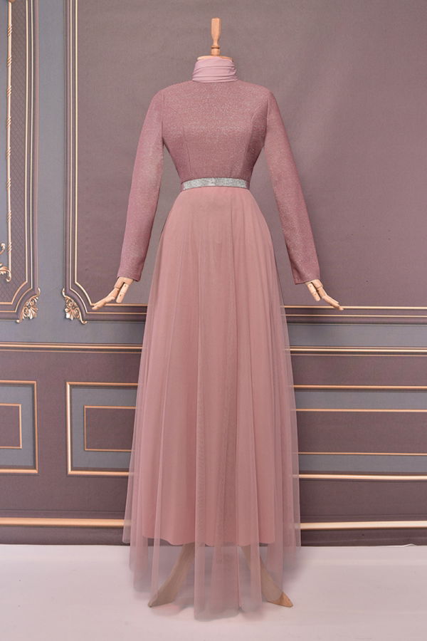 Modaselvim EVENING DRESSES Belted Silvery Evening Dress EFY20040-M Powder