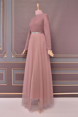 moda selvim Belted Silvery Evening Dress EFY20040-M Powder - Thumbnail