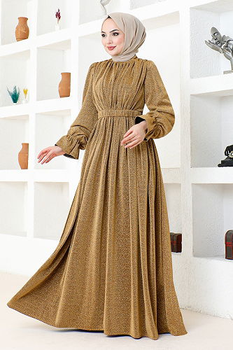 moda selvim Belted Silvery Tulle Evening Dress DMN4551-M Gold - Thumbnail