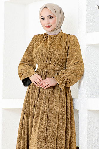 moda selvim Belted Silvery Tulle Evening Dress DMN4551-M Gold - Thumbnail