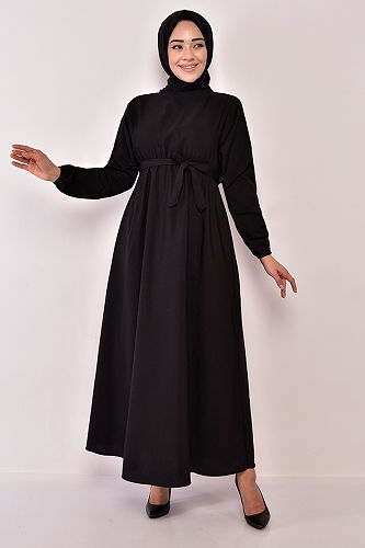 moda selvim Belted Terikoton Dress EFL12251-M Black - Thumbnail