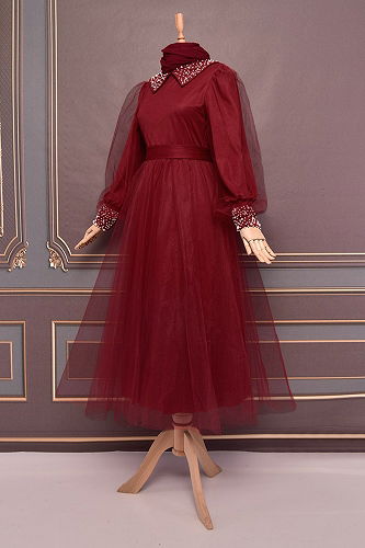 moda selvim Belted Tulle Evening Dress ASM2479-M Burgundy - Thumbnail