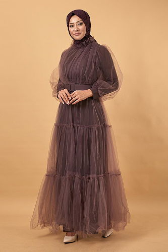 moda selvim Belted Tulle Evening Dress MİH12217-M Rose Dry - Thumbnail
