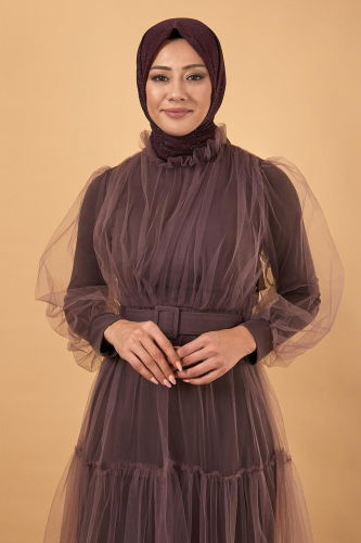 MRV M.İ.H. - Belted Tulle Evening Dress MİH12217-M Rose Dry