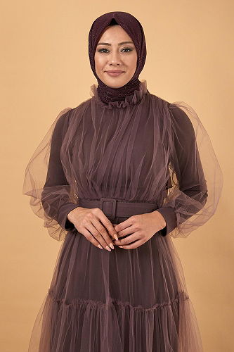 moda selvim Belted Tulle Evening Dress MİH12217-M Rose Dry - Thumbnail