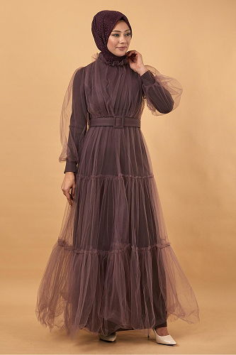 moda selvim Belted Tulle Evening Dress MİH12217-M Rose Dry - Thumbnail