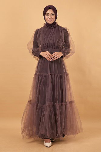 moda selvim Belted Tulle Evening Dress MİH12217-M Rose Dry - Thumbnail
