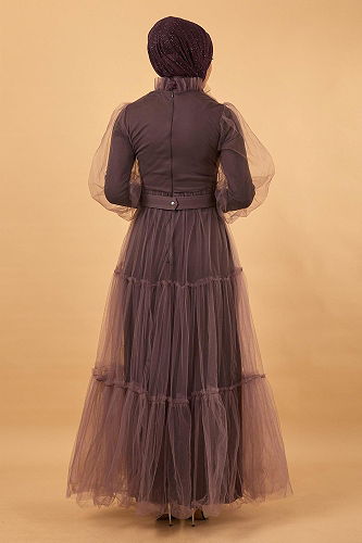 moda selvim Belted Tulle Evening Dress MİH12217-M Rose Dry - Thumbnail