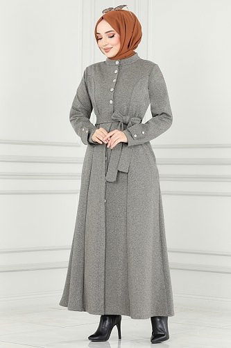 moda selvim Belted Winter Abaya MSL193 Vision - Thumbnail