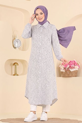 moda selvim Benek Desenli Uzun Tunik 194NZRK1200 Ekru - Thumbnail