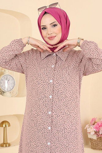 moda selvim Benek Desenli Uzun Tunik 194NZRK1200 Pudra Vizyon - Thumbnail