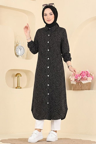 moda selvim Benek Desenli Uzun Tunik 194NZRK1200 Siyah - Thumbnail