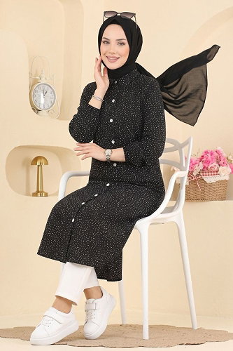 moda selvim Benek Desenli Uzun Tunik 194NZRK1200 Siyah - Thumbnail