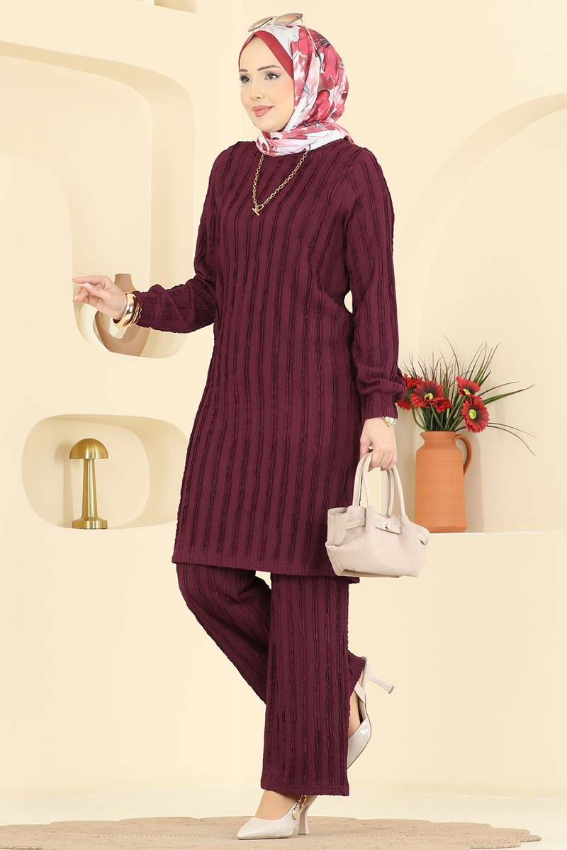 Bisiklet Yaka 2 li Takım 724PM271 Bordo - Moda Selvim