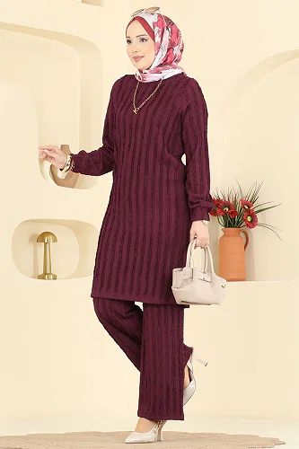 moda selvim Bisiklet Yaka 2 li Takım 724PM271 Bordo - Thumbnail