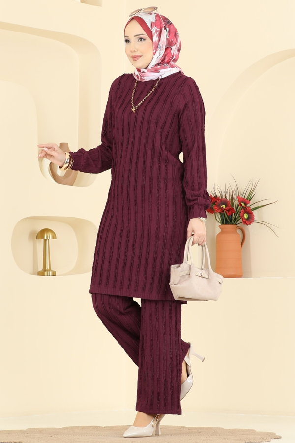 Modaselvim Kombin Bisiklet Yaka 2 li Takım 724PM271 Bordo