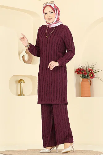 moda selvim Bisiklet Yaka 2 li Takım 724PM271 Bordo - Thumbnail