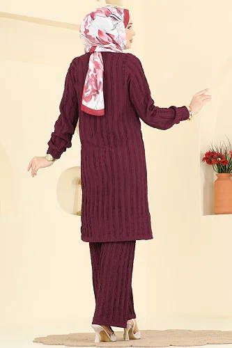 moda selvim Bisiklet Yaka 2 li Takım 724PM271 Bordo - Thumbnail