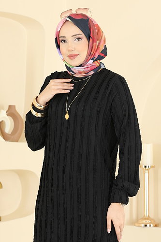 moda selvim Bisiklet Yaka 2 li Takım 724PM271 Siyah - Thumbnail