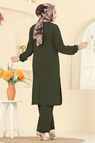 moda selvim Bisiklet Yaka Burgu Takım 4136PM271 Açık Haki - Thumbnail