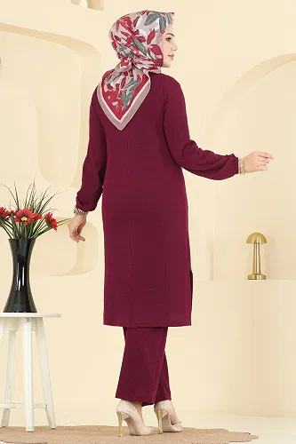 moda selvim Bisiklet Yaka Burgu Takım 4136PM271 Bordo - Thumbnail