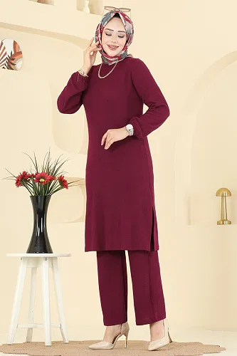 moda selvim Bisiklet Yaka Burgu Takım 4136PM271 Bordo - Thumbnail