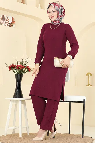 moda selvim Bisiklet Yaka Burgu Takım 4136PM271 Bordo - Thumbnail