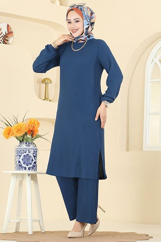 moda selvim Bisiklet Yaka Burgu Takım 4136PM271 İndigo - Thumbnail